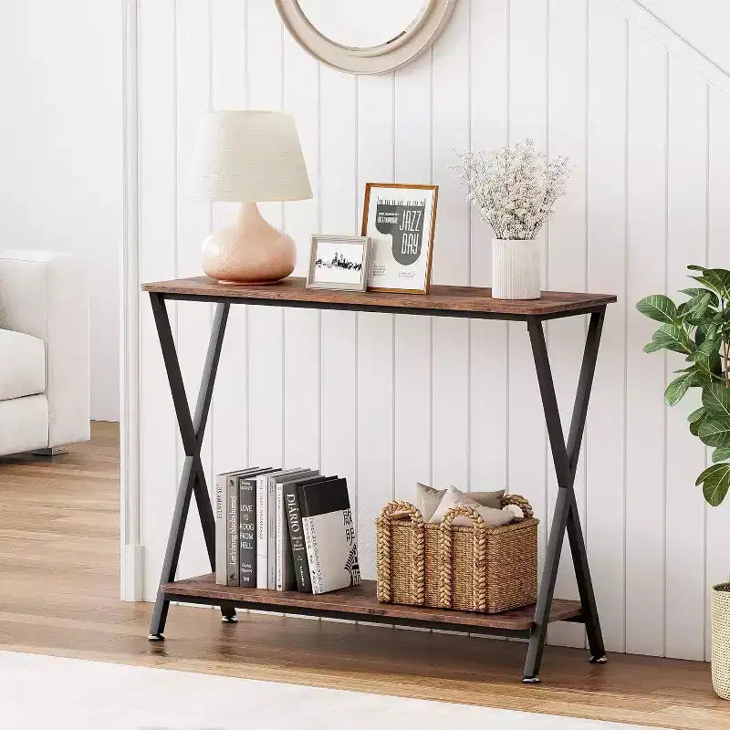 Narrow Entryway Console Table2-Tier Industrial Console Thin Sofa Side Display Table, for Hallway, Bedroom, Living Room, Foyer