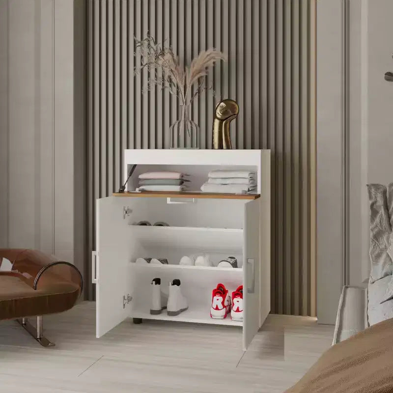 Scarpiera in rovere bianco e naturale, vano con apertura a ribalta, doppie ante, 2 persone