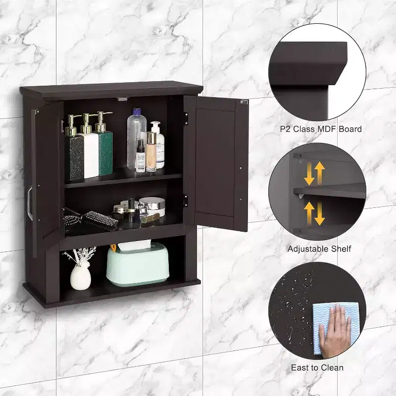 Mobiletto pensile da bagno Espresso con 2 ante, mensola regolabile, singolo