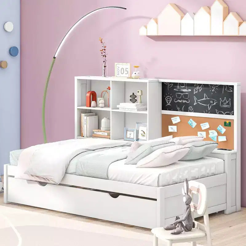 Divano Letto Singolo Bianco con Letto Estraibile, Ripiani Contenitore e Stazione di Ricarica - 2 Posti Letto
