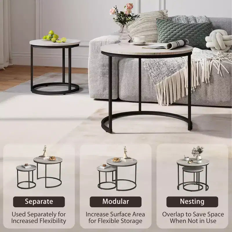 Set di 2 tavolini da caffè rotondi impilabili – Marrone / Grigio / Bianco / Giallo