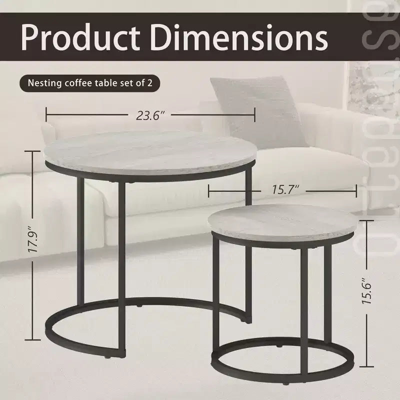 Set di 2 tavolini da caffè rotondi impilabili – Marrone / Grigio / Bianco / Giallo