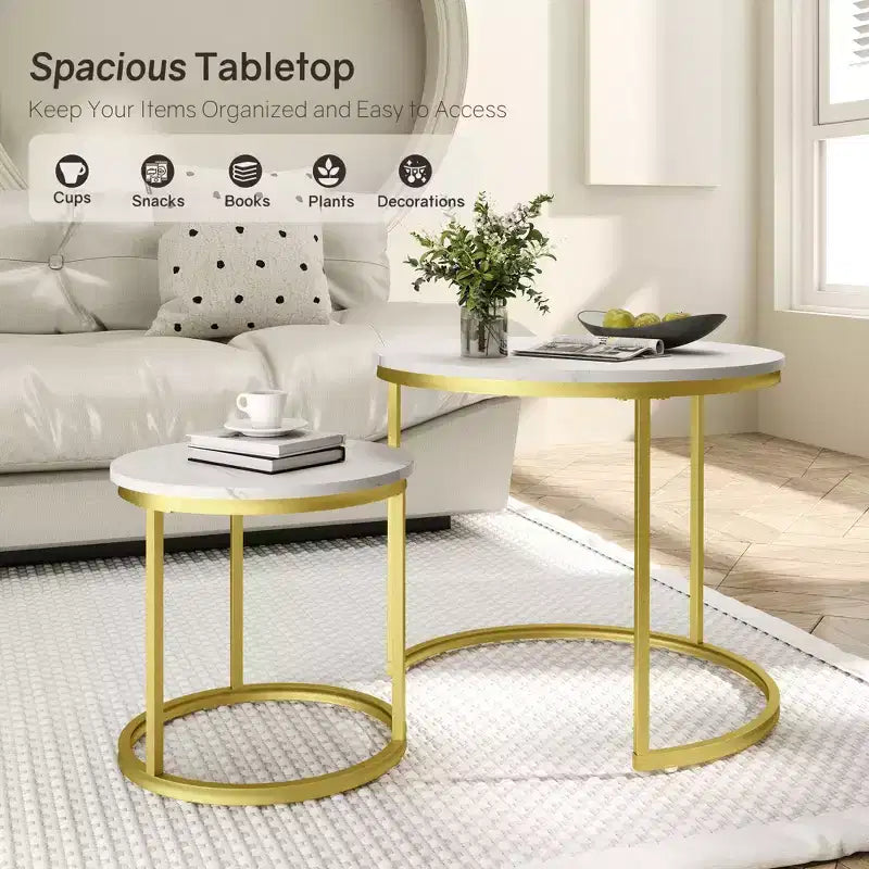 Set di 2 tavolini da caffè rotondi impilabili – Marrone / Grigio / Bianco / Giallo