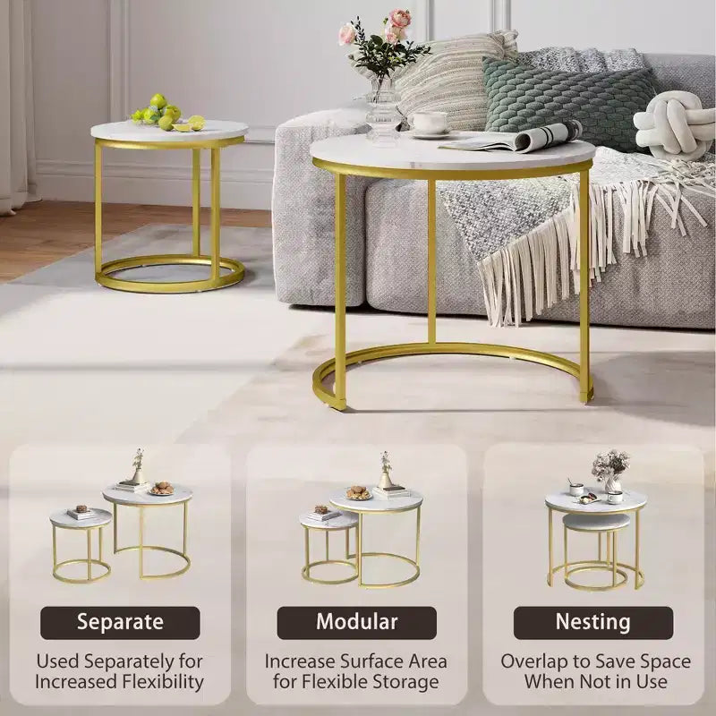 Set di 2 tavolini da caffè rotondi impilabili – Marrone / Grigio / Bianco / Giallo