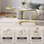 Set di 2 tavolini da caffè rotondi impilabili – Marrone / Grigio / Bianco / Giallo