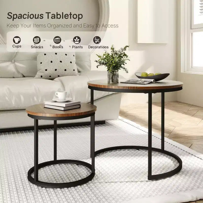 Set di 2 tavolini da caffè rotondi impilabili – Marrone / Grigio / Bianco / Giallo