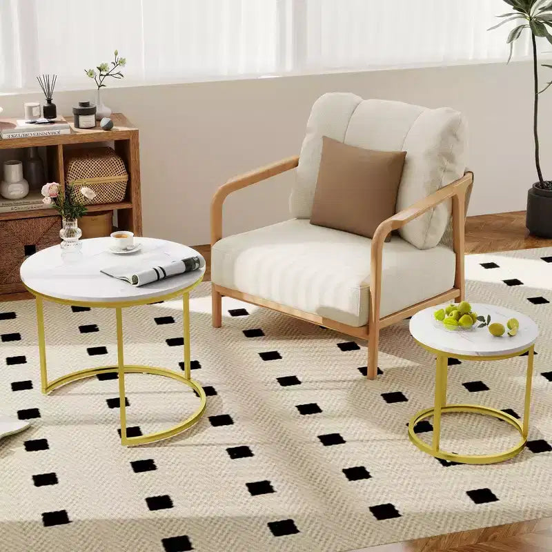 Set di 2 tavolini da caffè rotondi impilabili – Marrone / Grigio / Bianco / Giallo