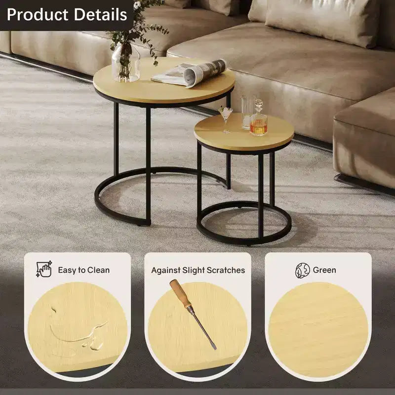 Set di 2 tavolini da caffè rotondi impilabili – Marrone / Grigio / Bianco / Giallo