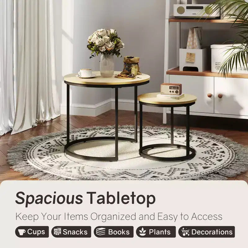 Set di 2 tavolini da caffè rotondi impilabili – Marrone / Grigio / Bianco / Giallo