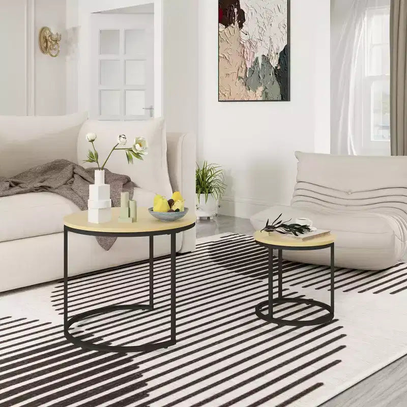 Set di 2 tavolini da caffè rotondi impilabili – Marrone / Grigio / Bianco / Giallo
