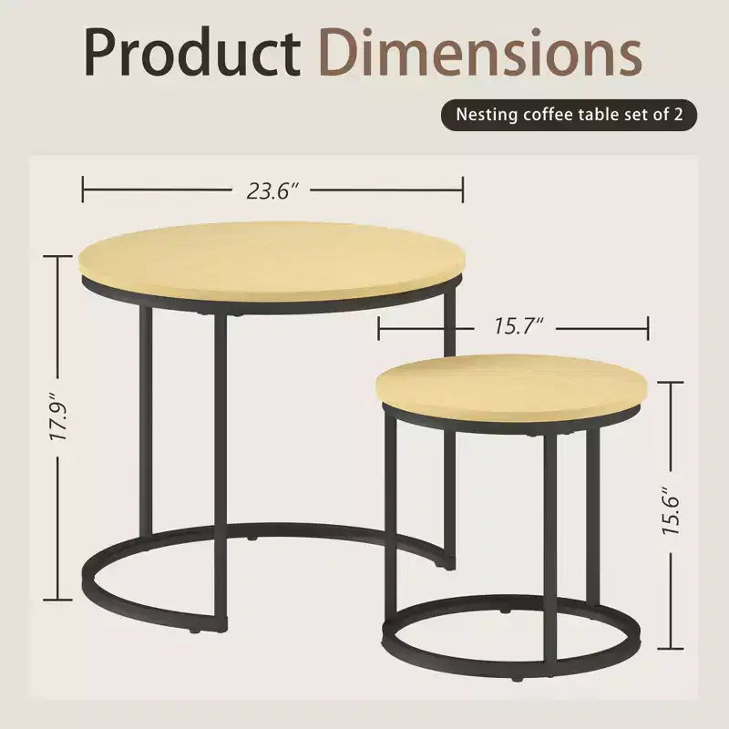 Set di 2 tavolini da caffè rotondi impilabili – Marrone / Grigio / Bianco / Giallo