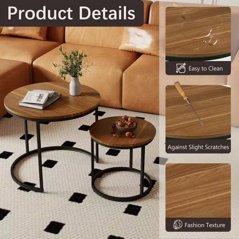 Set di 2 tavolini da caffè rotondi impilabili – Marrone / Grigio / Bianco / Giallo