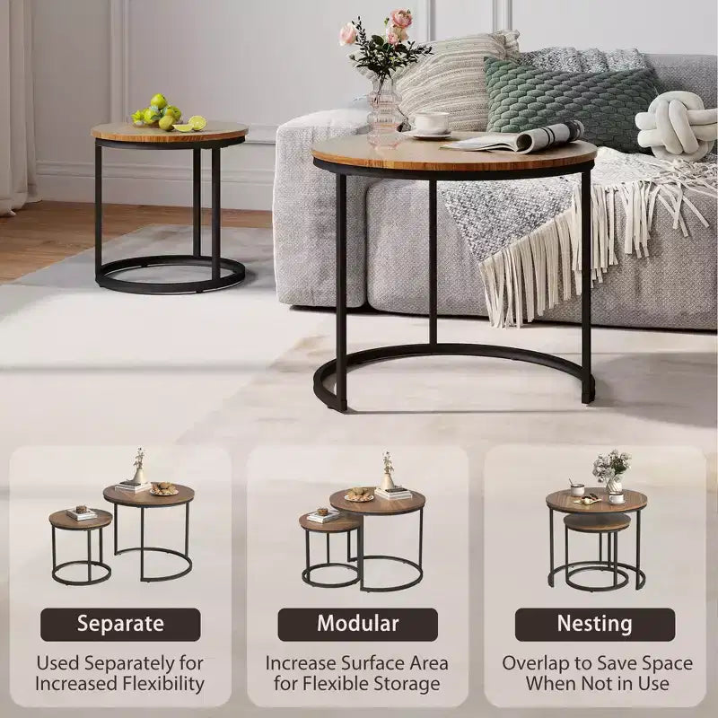 Set di 2 tavolini da caffè rotondi impilabili – Marrone / Grigio / Bianco / Giallo