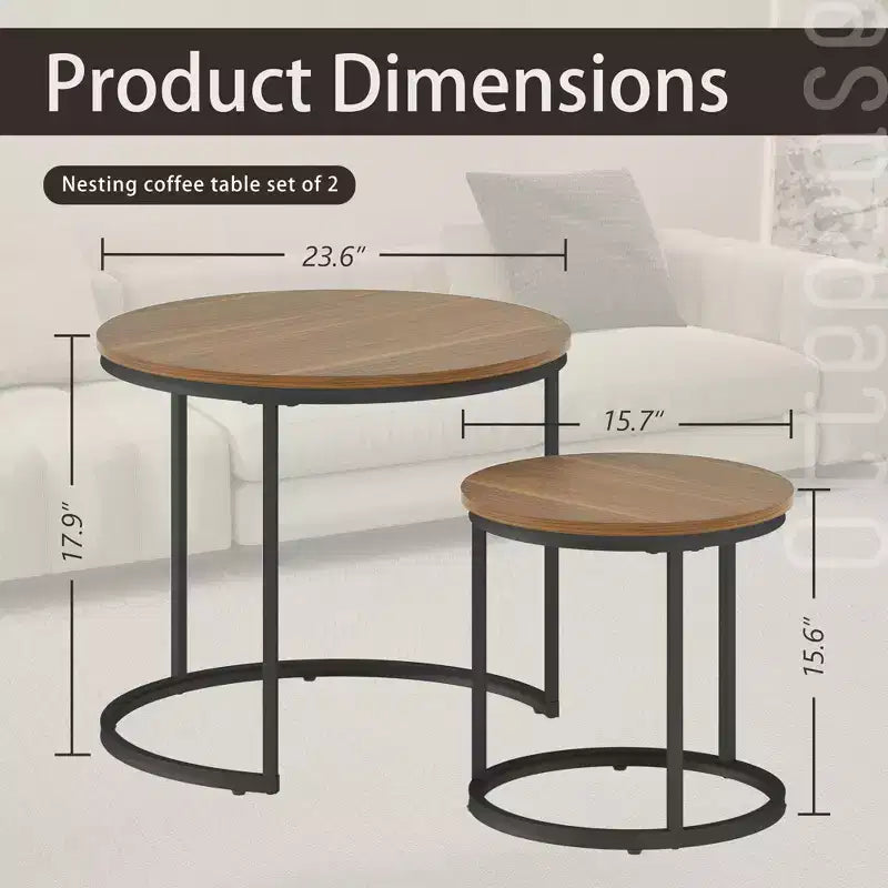 Set di 2 tavolini da caffè rotondi impilabili – Marrone / Grigio / Bianco / Giallo