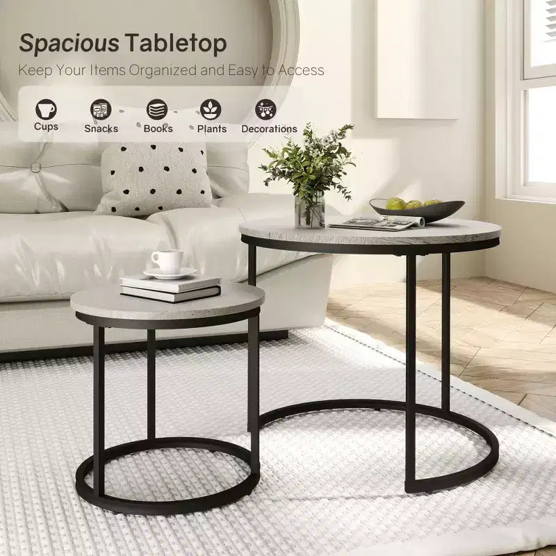 Set di 2 tavolini da caffè rotondi impilabili – Marrone / Grigio / Bianco / Giallo
