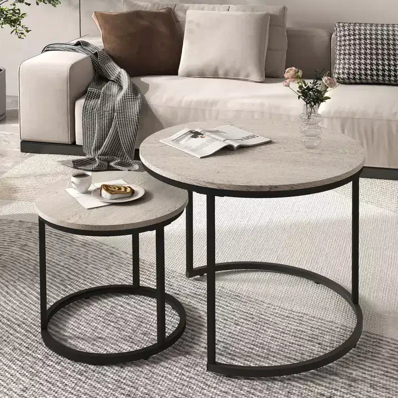 Set di 2 tavolini da caffè rotondi impilabili – Marrone / Grigio / Bianco / Giallo