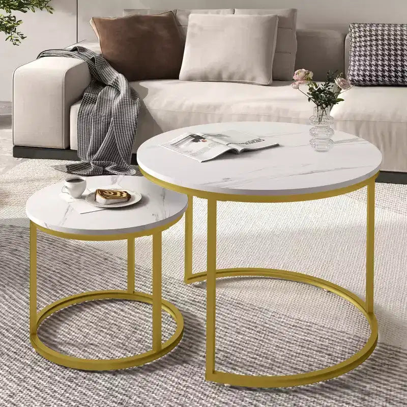 Set di 2 tavolini da caffè rotondi impilabili – Marrone / Grigio / Bianco / Giallo