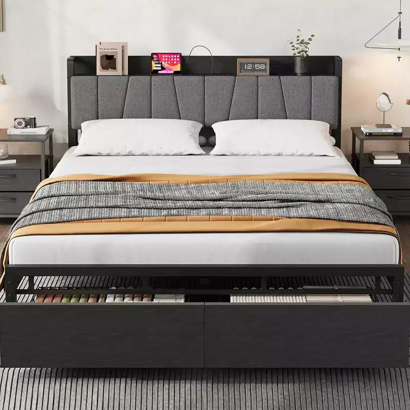 Struttura letto matrimoniale queen size imbottita in velluto grigio scuro per 2 persone