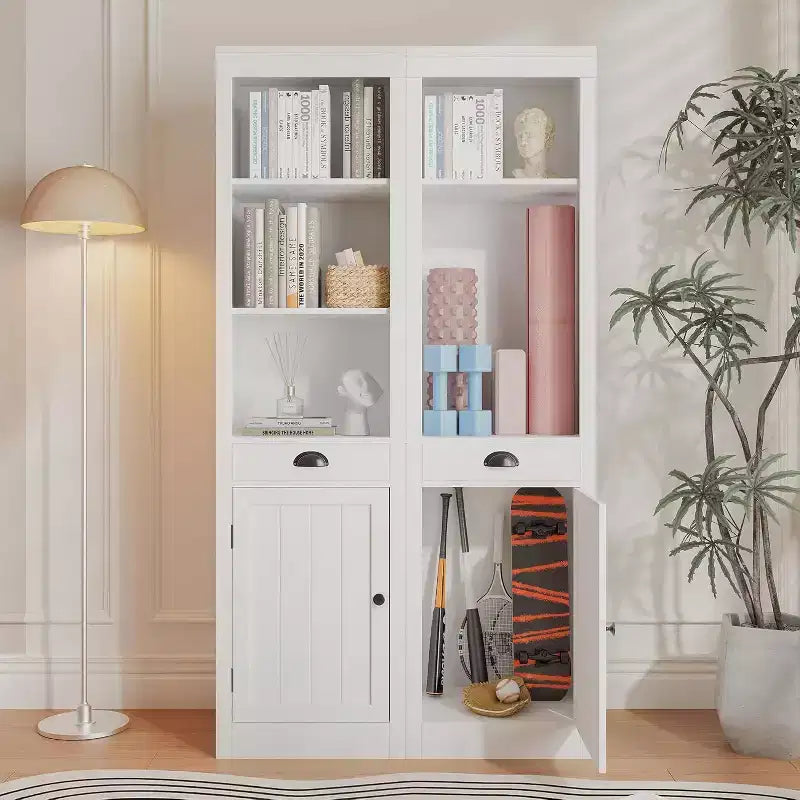 Libreria bianca alta 180 cm con armadietto, 6 ripiani, confezione da 2