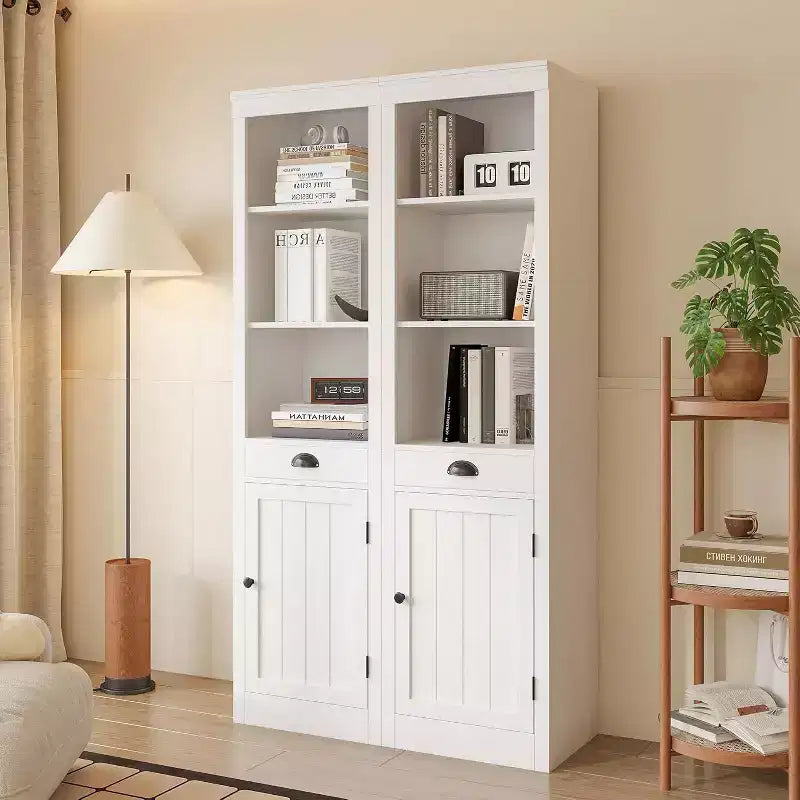 Libreria bianca alta 180 cm con armadietto, 6 ripiani, confezione da 2