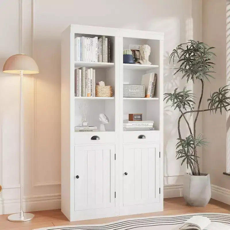 Libreria bianca alta 180 cm con armadietto, 6 ripiani, confezione da 2