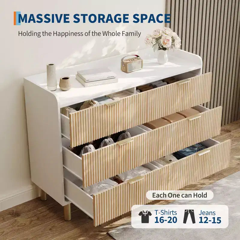 Legno Naturale, Stile Scanalato, Cassettiera Doppia a 6 Cassetti, per 1–2 Utenti