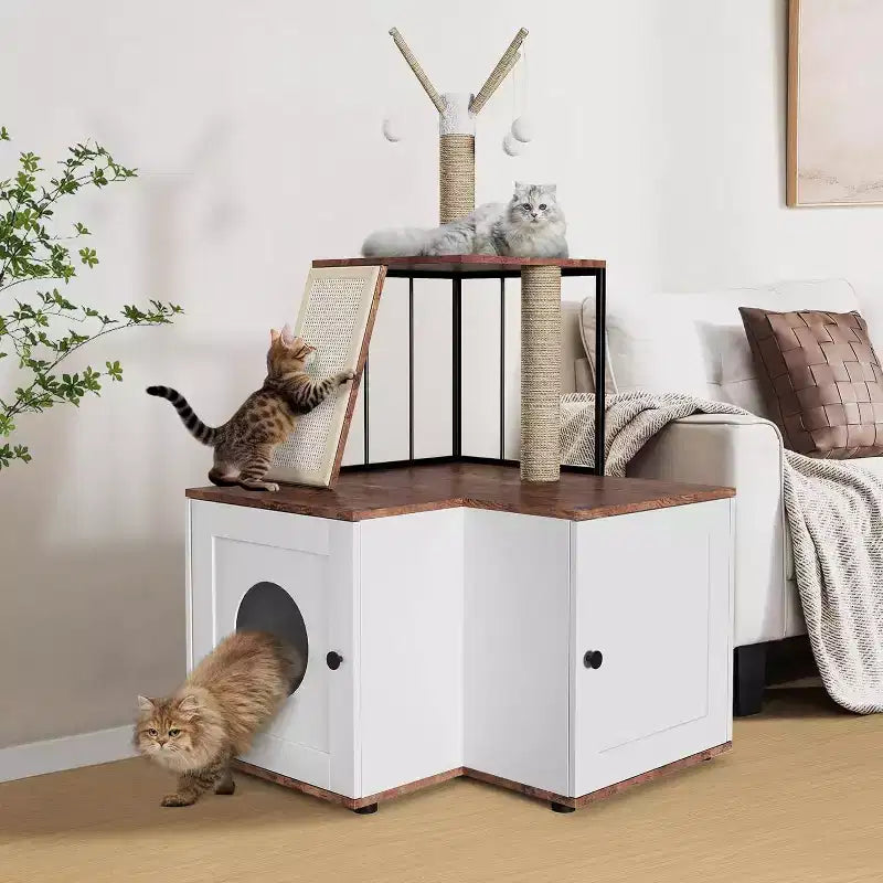 Cat Tree with Litter Box Enclosure, Hidden Litter Box Furniture with Scratching Post