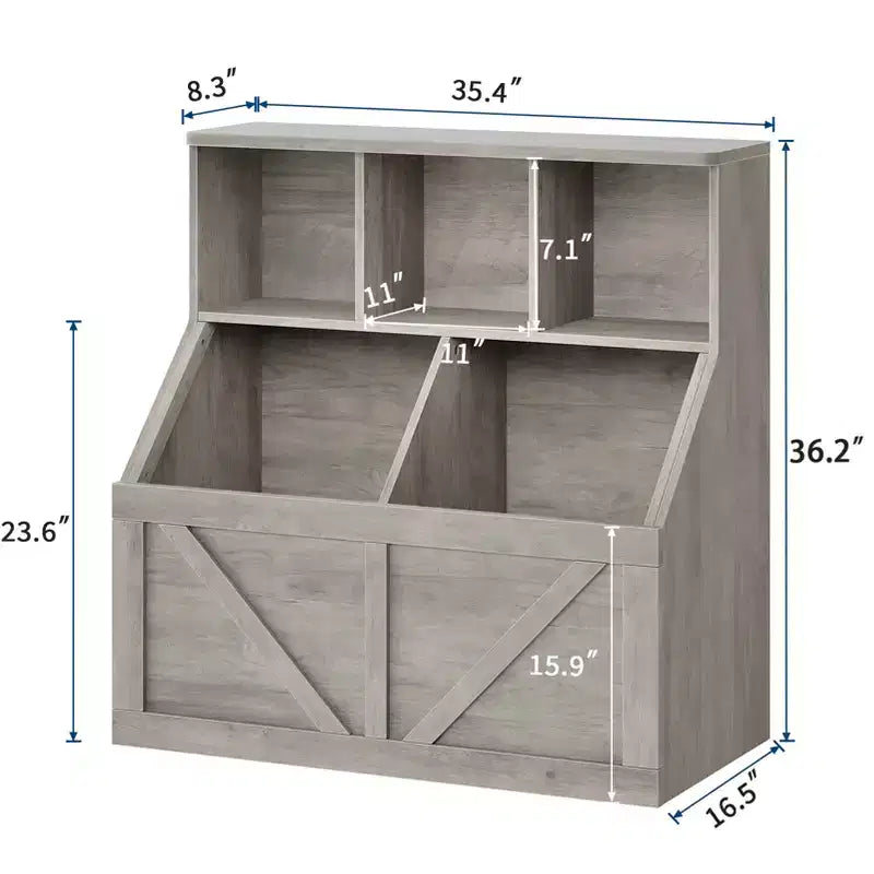 Libreria portagiochi per bambini — Blu / Marrone / Grigio / Bianco, Ripiano aperto + Contenitore, Per 1 bambino