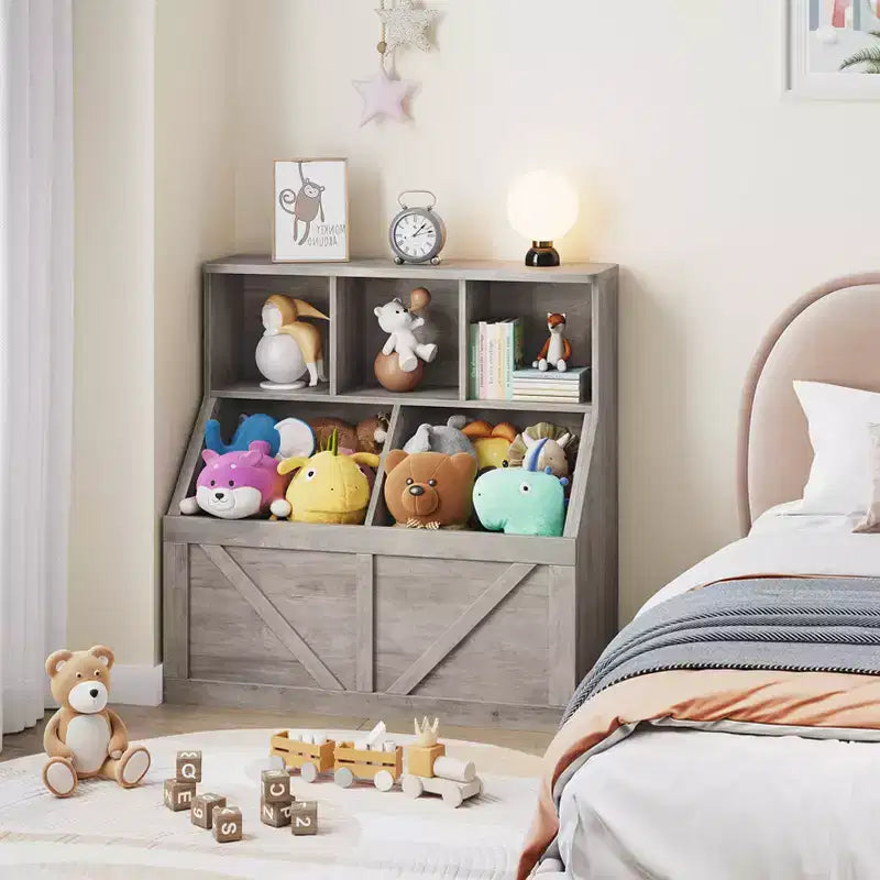 Libreria portagiochi per bambini — Blu / Marrone / Grigio / Bianco, Ripiano aperto + Contenitore, Per 1 bambino