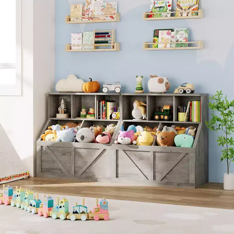 Libreria portagiochi per bambini — Blu / Marrone / Grigio / Bianco, Ripiano aperto + Contenitore, Per 1 bambino