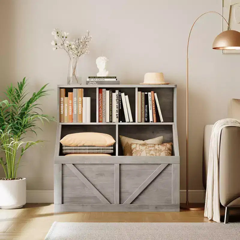 Libreria portagiochi per bambini — Blu / Marrone / Grigio / Bianco, Ripiano aperto + Contenitore, Per 1 bambino