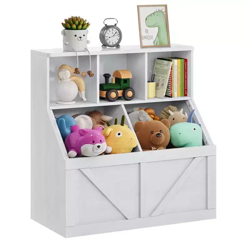 Libreria portagiochi per bambini — Blu / Marrone / Grigio / Bianco, Ripiano aperto + Contenitore, Per 1 bambino