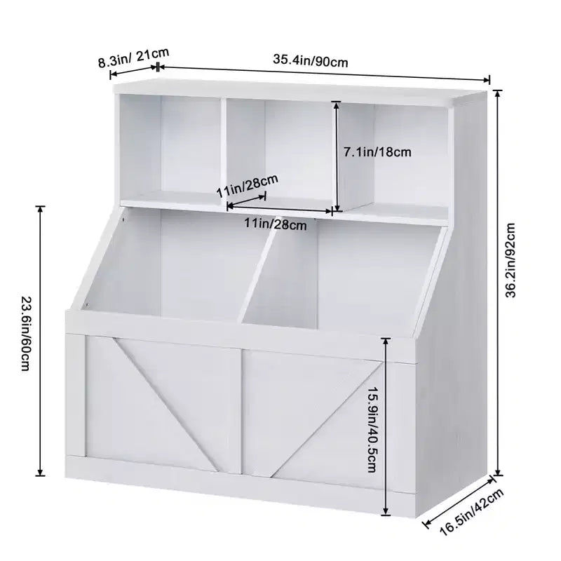 Libreria portagiochi per bambini — Blu / Marrone / Grigio / Bianco, Ripiano aperto + Contenitore, Per 1 bambino