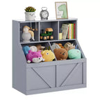 Libreria portagiochi per bambini — Blu / Marrone / Grigio / Bianco, Ripiano aperto + Contenitore, Per 1 bambino