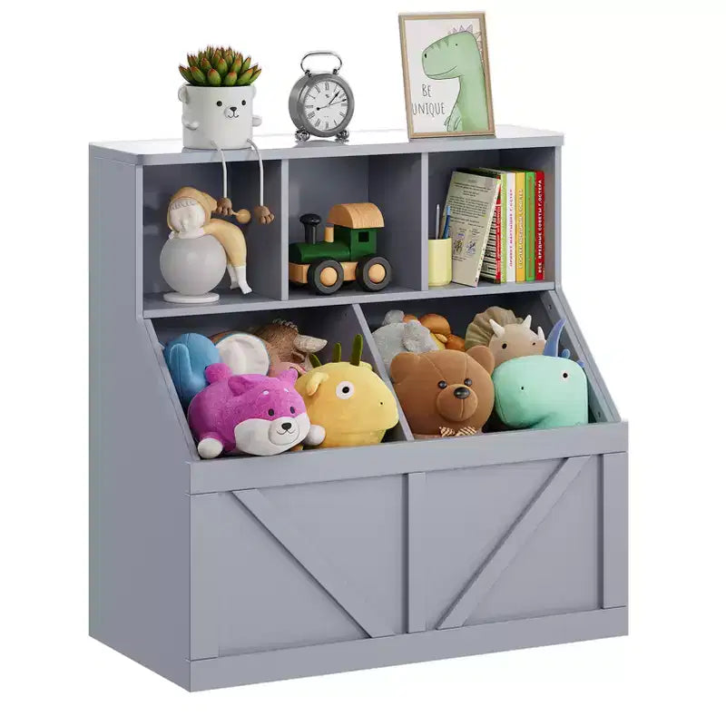 Libreria portagiochi per bambini — Blu / Marrone / Grigio / Bianco, Ripiano aperto + Contenitore, Per 1 bambino