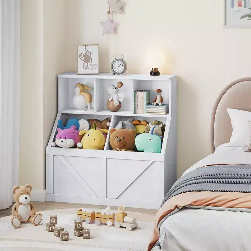 Libreria portagiochi per bambini — Blu / Marrone / Grigio / Bianco, Ripiano aperto + Contenitore, Per 1 bambino