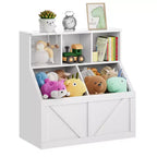 Libreria portagiochi per bambini — Blu / Marrone / Grigio / Bianco, Ripiano aperto + Contenitore, Per 1 bambino