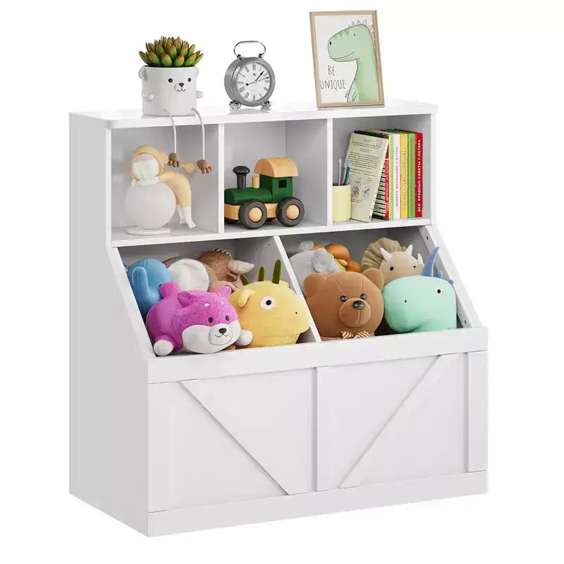 Libreria portagiochi per bambini — Blu / Marrone / Grigio / Bianco, Ripiano aperto + Contenitore, Per 1 bambino