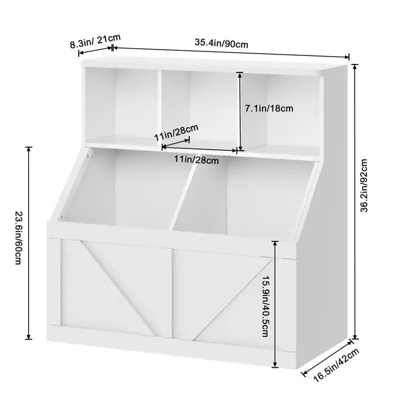 Libreria portagiochi per bambini — Blu / Marrone / Grigio / Bianco, Ripiano aperto + Contenitore, Per 1 bambino