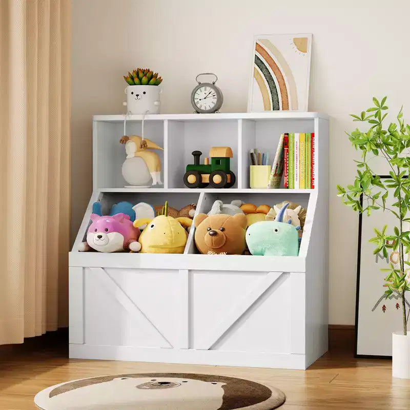 Libreria portagiochi per bambini — Blu / Marrone / Grigio / Bianco, Ripiano aperto + Contenitore, Per 1 bambino
