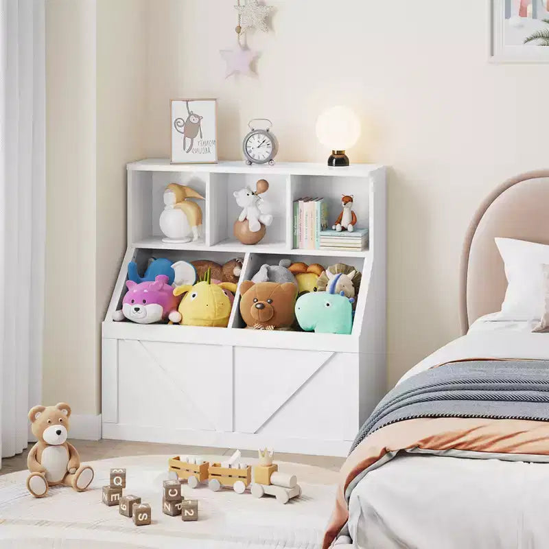 Libreria portagiochi per bambini — Blu / Marrone / Grigio / Bianco, Ripiano aperto + Contenitore, Per 1 bambino