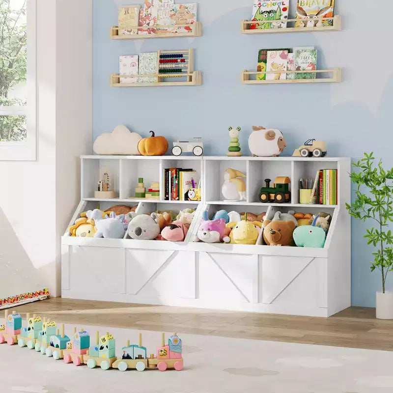Libreria portagiochi per bambini — Blu / Marrone / Grigio / Bianco, Ripiano aperto + Contenitore, Per 1 bambino