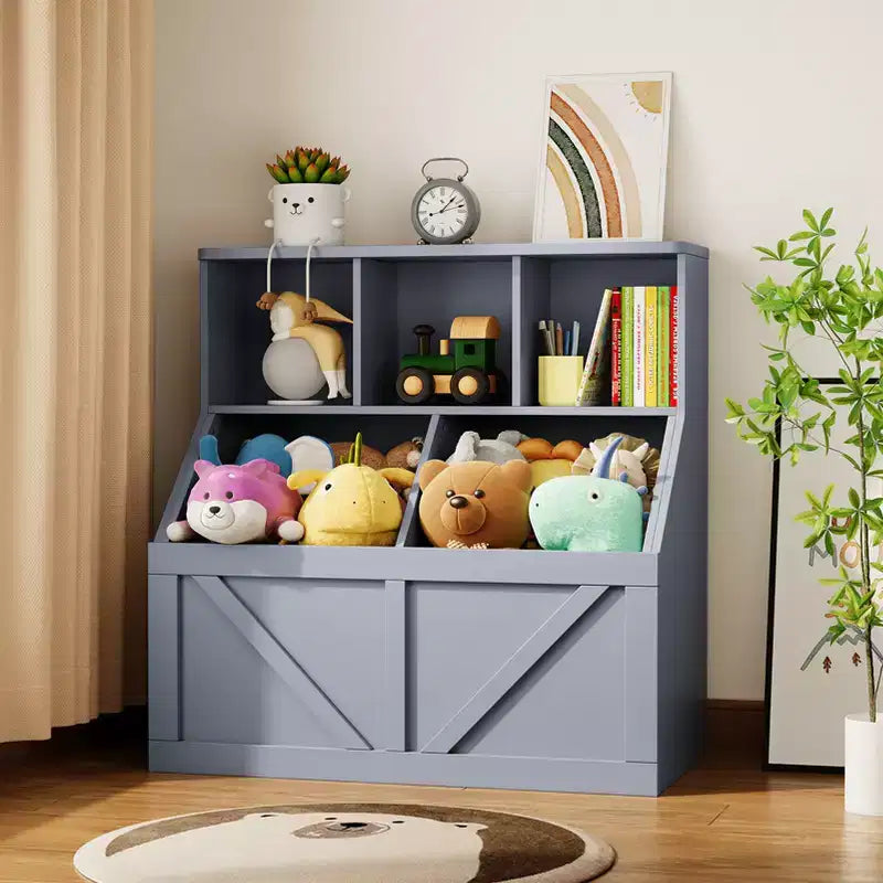 Libreria portagiochi per bambini — Blu / Marrone / Grigio / Bianco, Ripiano aperto + Contenitore, Per 1 bambino