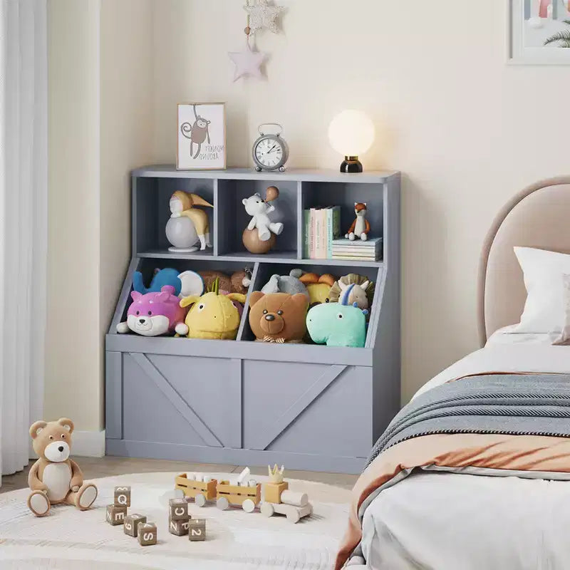 Libreria portagiochi per bambini — Blu / Marrone / Grigio / Bianco, Ripiano aperto + Contenitore, Per 1 bambino