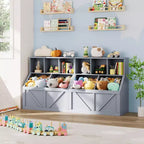 Libreria portagiochi per bambini — Blu / Marrone / Grigio / Bianco, Ripiano aperto + Contenitore, Per 1 bambino