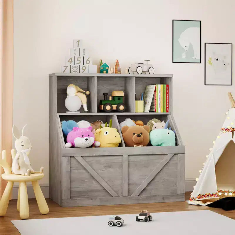 Libreria portagiochi per bambini — Blu / Marrone / Grigio / Bianco, Ripiano aperto + Contenitore, Per 1 bambino