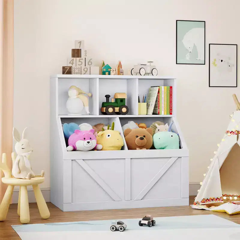 Libreria portagiochi per bambini — Blu / Marrone / Grigio / Bianco, Ripiano aperto + Contenitore, Per 1 bambino