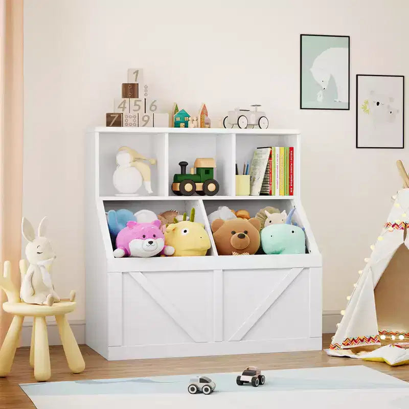 Libreria portagiochi per bambini — Blu / Marrone / Grigio / Bianco, Ripiano aperto + Contenitore, Per 1 bambino