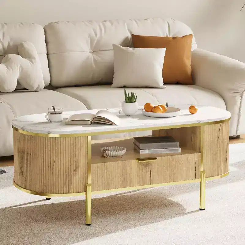 Tavolino ovale da caffè con cassetto contenitore – Blu/Marrone, piano effetto marmo, gambe dorate