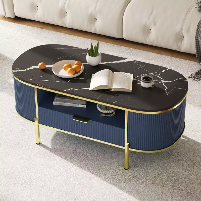 Tavolino ovale da caffè con cassetto contenitore – Blu/Marrone, piano effetto marmo, gambe dorate